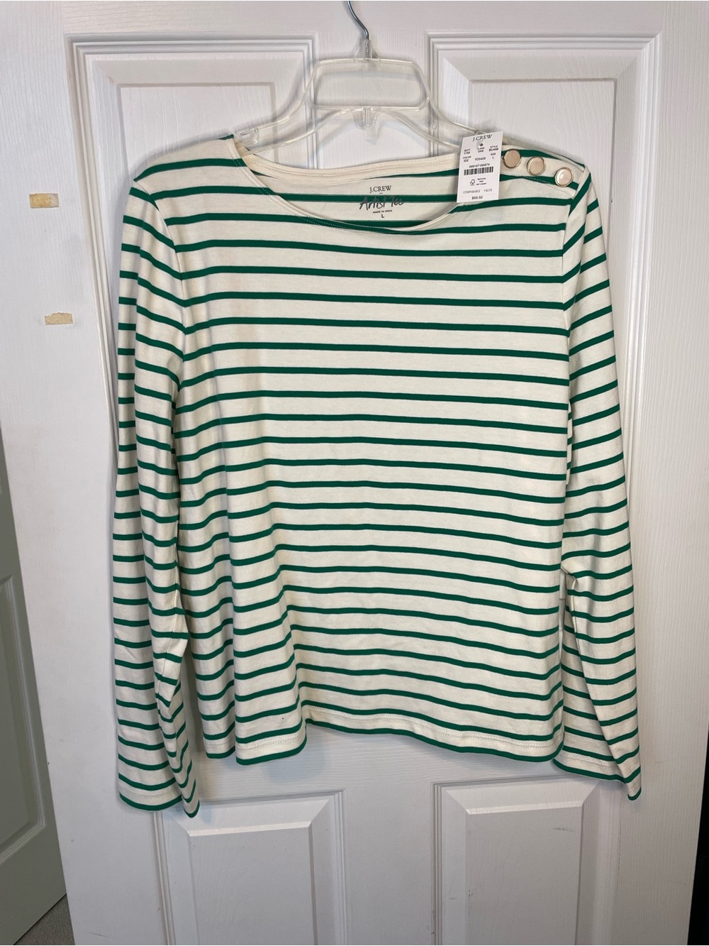 J.Crew Green Stripe Button-Shoulder Long Sleeve Top artist tee large